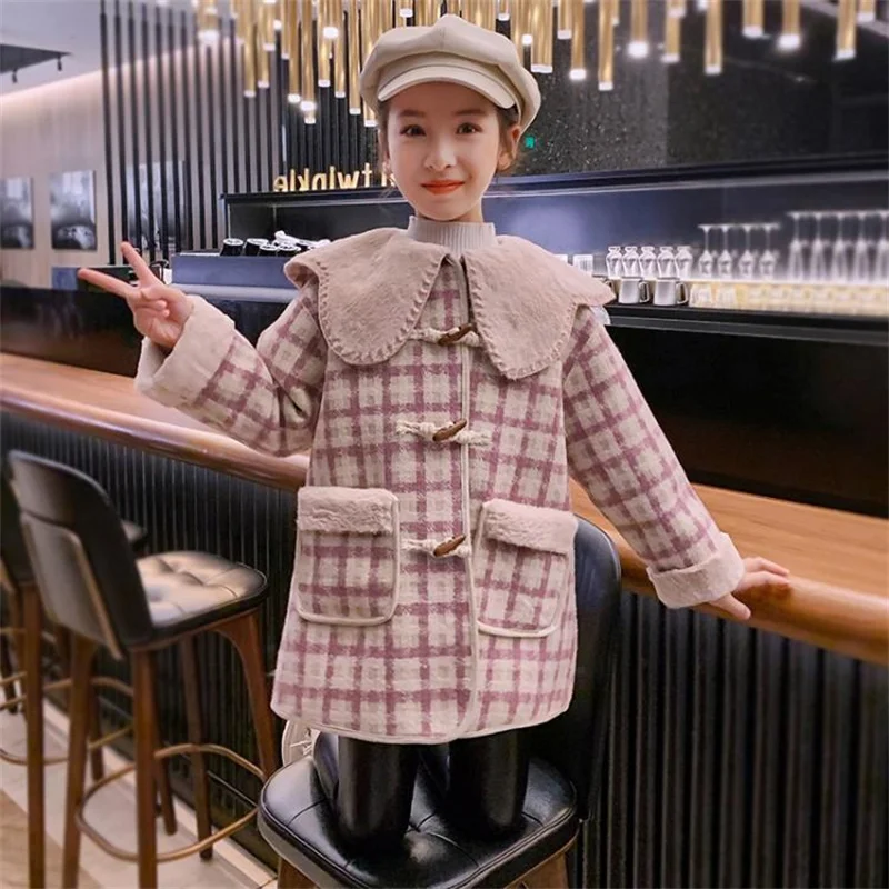 

Girls Woolen Coat Jacket Outwear 2022 Pink Warm Plus Thicken Spring Autumn Cotton Overcoat High Quality Tops Children's Clothes