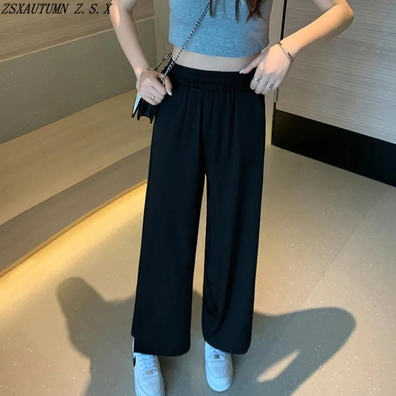 Фото Брюки женские широкие с широкими штанинами, модные Мешковатые повседневные Прямые брюки с разрезом, универсальные в Корейском стиле, весна-лето №4
