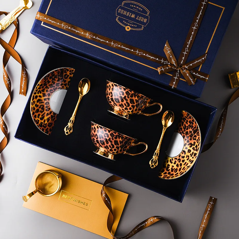 

Изысканная чашка и блюдце из костяного фарфора, кофейная чашка с леопардовым принтом, керамический красивый набор