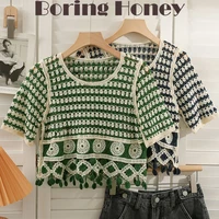 boring honey hongkong style retro loose and comfortable thin all match t shirts women hollow out macrame lattice point crop tops
