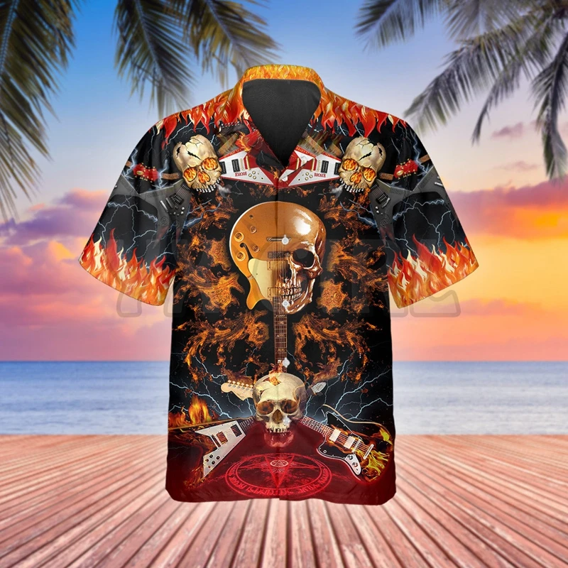 

Electric Guitar Skull Hawaiian Shirt 3D All Over Printed Hawaiian Shirt Men's For Women's Harajuku Casual Shirt Unisex