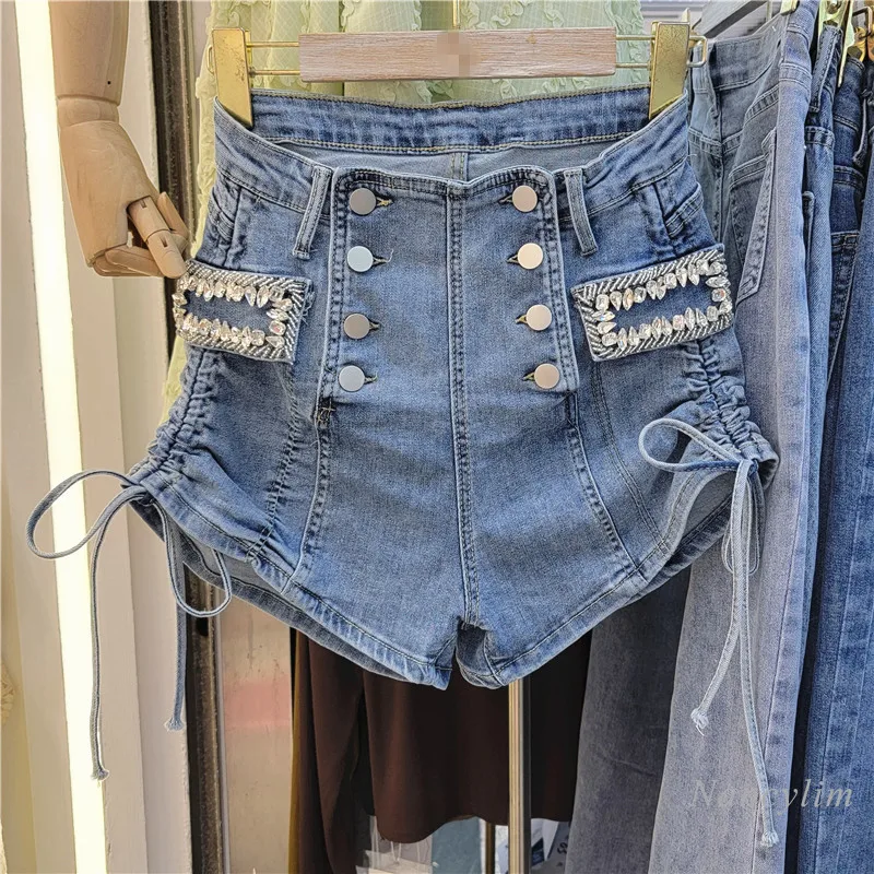 

2022 Summer Skinny Shorts for Women New Rhinestone Double Row Metal Buckle Side Drawstring Denim Hot Pants Blue