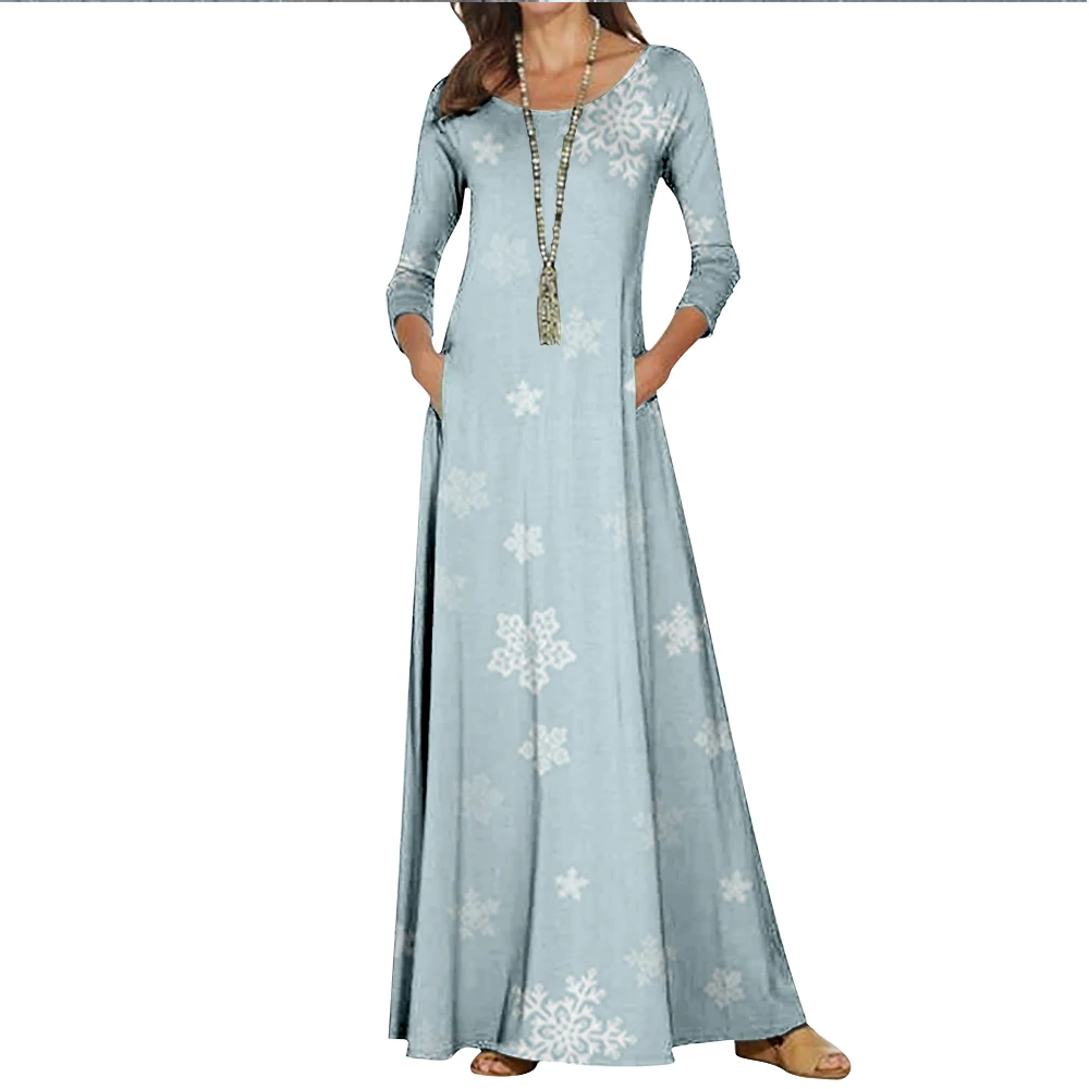 

Cross Border New Women's Snowflake Print Crew Neck Slim Dress
