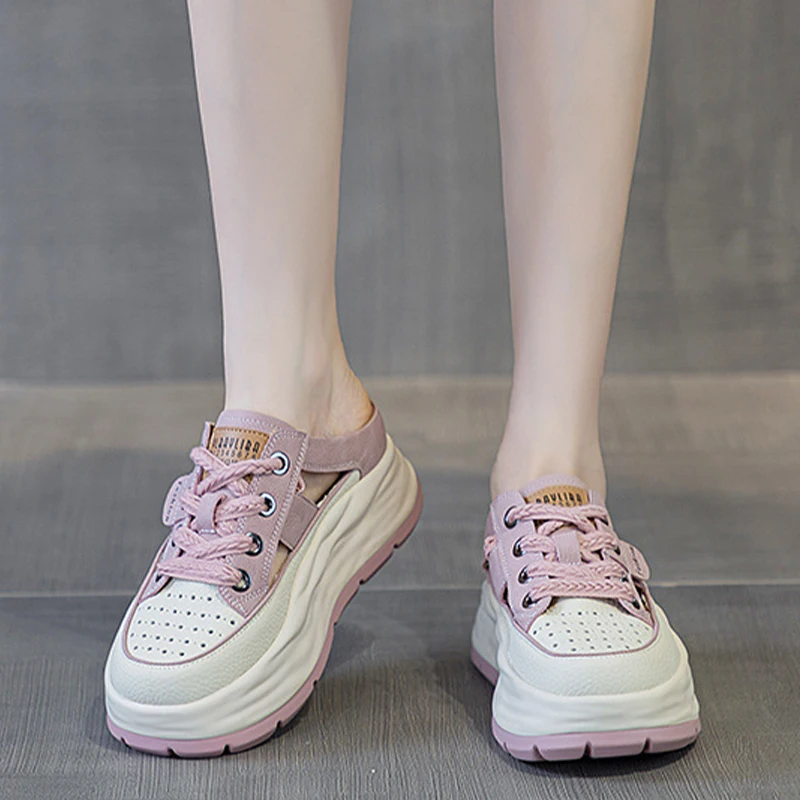 6CM Lace Rhinestone Decor Genuine Leather Slides Hollow Ladies Summer Breathable Ankle Boots Women Platform Sandals Wedge Shoes