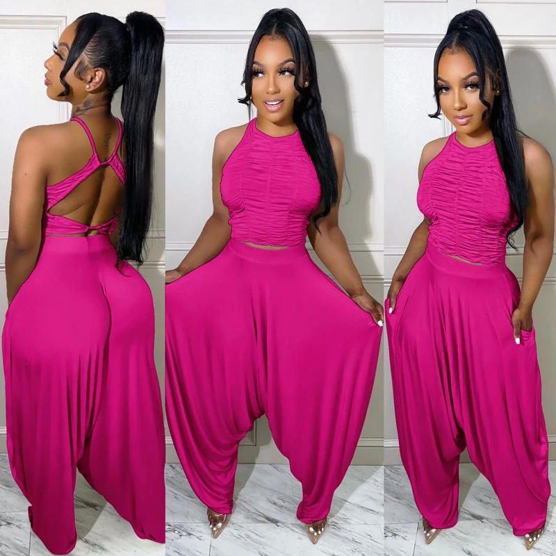 Casual Two Piece Tracksuits Women Solid Sleeveless Backless Halter Neck Crop Top And Loose Wide Harem Pants Fashion Sweatsuit