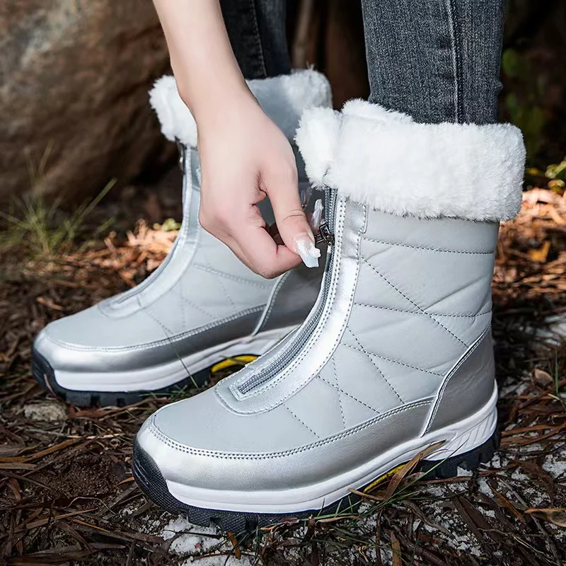Waterproof Snow Boots Female Front Zipper Large Size Cold-proof Warm Cotton Boots Plus Cashmere Outdoor Winter Shoes