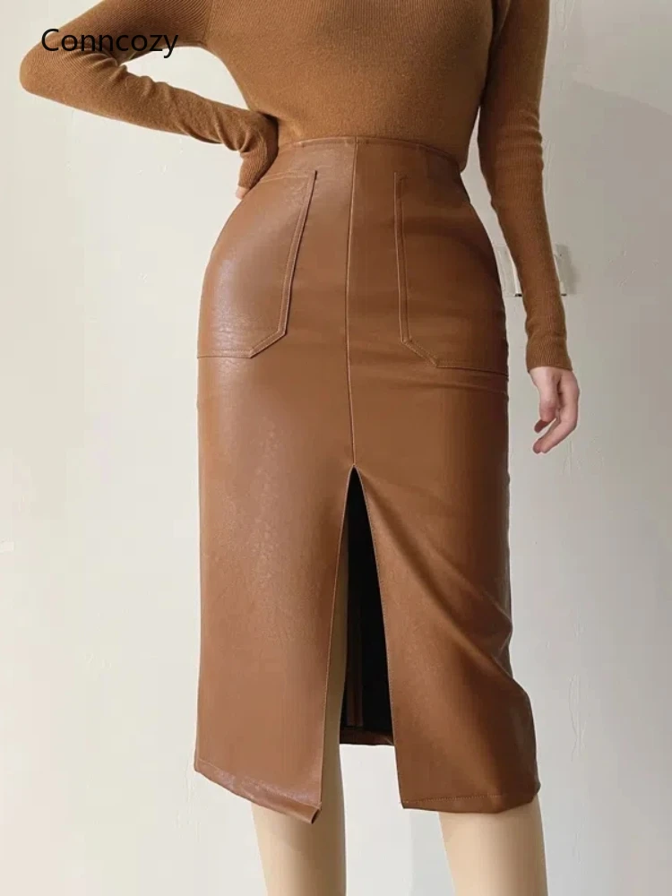 

Spring Autumn Skirts Women Clothing PU Leather Skirts High Waist Pockets Package Hip Female Front Split Zipper Midi Pencil Skirt