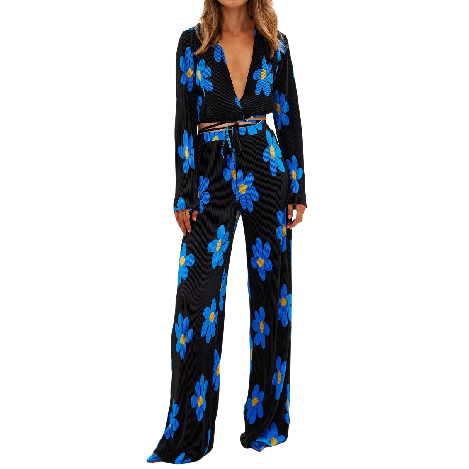

Women Casual 2 Piece Folds Outfits Print Long Sleeve Deep V Neck Cross Wrap Crop Top + Wide Leg Pants Set