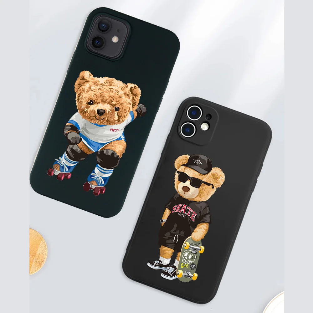 Teddy Bear Couple Cartoon Frosted Phone Case for iPhone 14 13 12 11 Pro MAX X XS Max XR Mini SE2022 6S 7 8 Plus Black Case