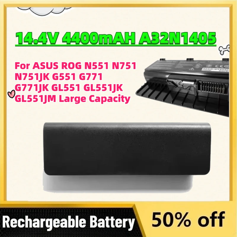 Фото Аккумулятор для ноутбуков ASUS ROG N551 N751 N751JK G551 G771 G771JK GL551 GL551JK GL551JM, большой емкости, 14.4В, 4400мАч, A32N1405 №1