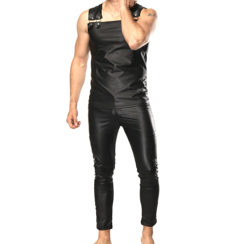 Mens Undershirts Faux Leather Tank Tops Sleeveless T-shirts Stage Vest Dance Club Skinny Pants Long Trousers Or Men Clothes Sets