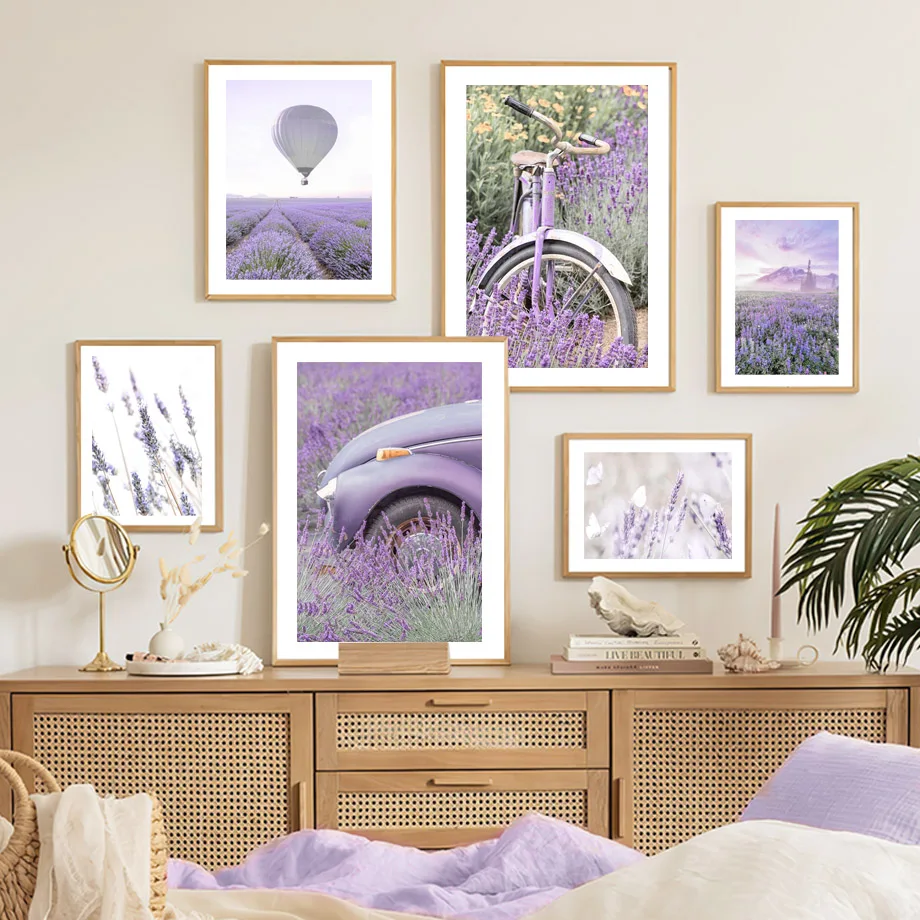 

Lavender Car Hot Air Balloon Purple Plants Wall Art Canvas Painting Nordic Poster And Prints Wall Pictures For Living Room Decor