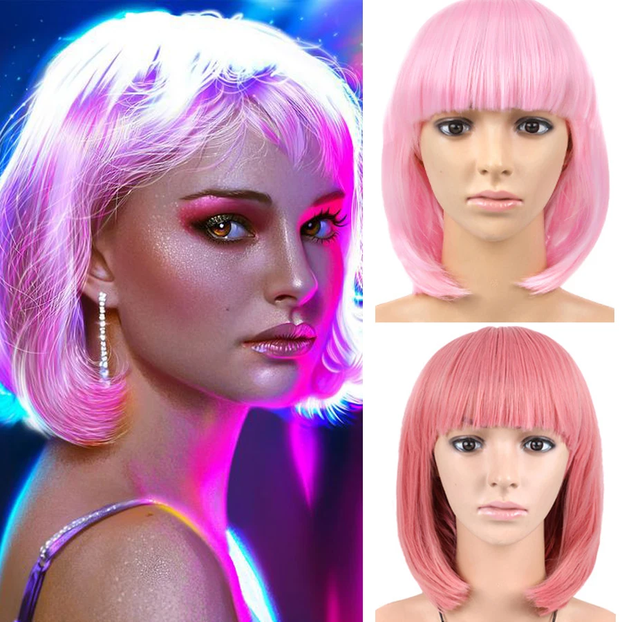 

Cosplay Synthetic Wigs Short Bob Wig With Bangs For Bachelorette Party Natural Ombre Black Red Pink Lolita Hairpiece Rainbow Wig