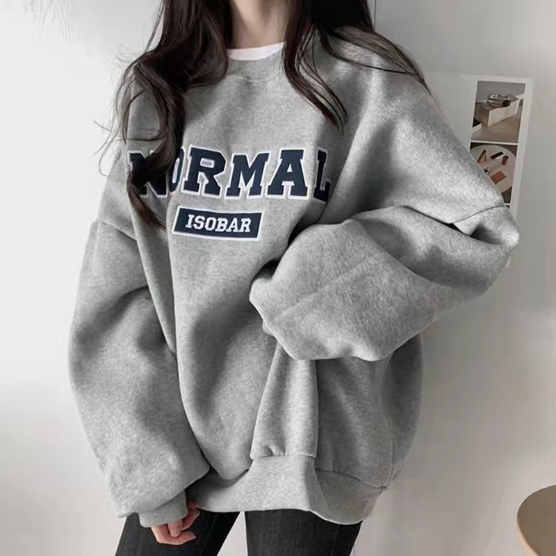Grey round neck plus velvet sweater women's loose long autumn and winter Korean version of thick long sleeve jacket