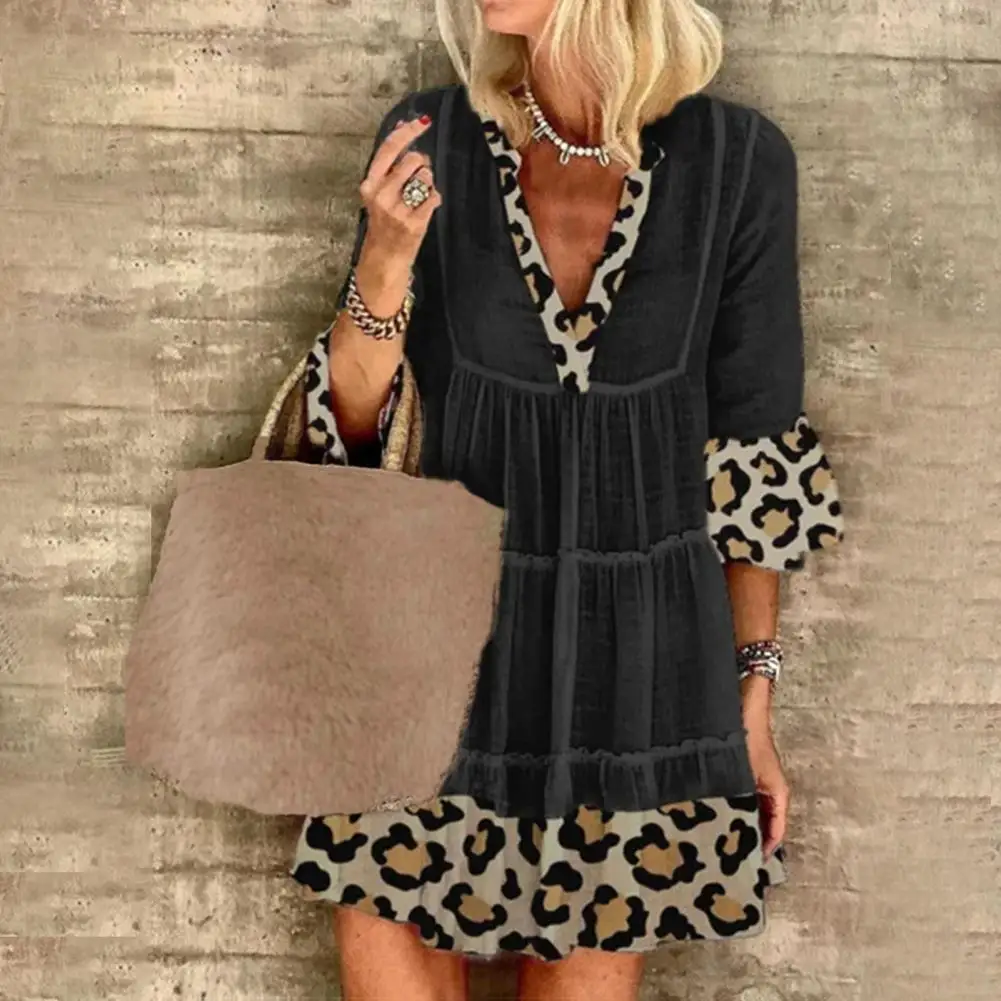 

Summer Dress Pleated Casual Comfortable Leopard V Neck Dress Women Dress for Party