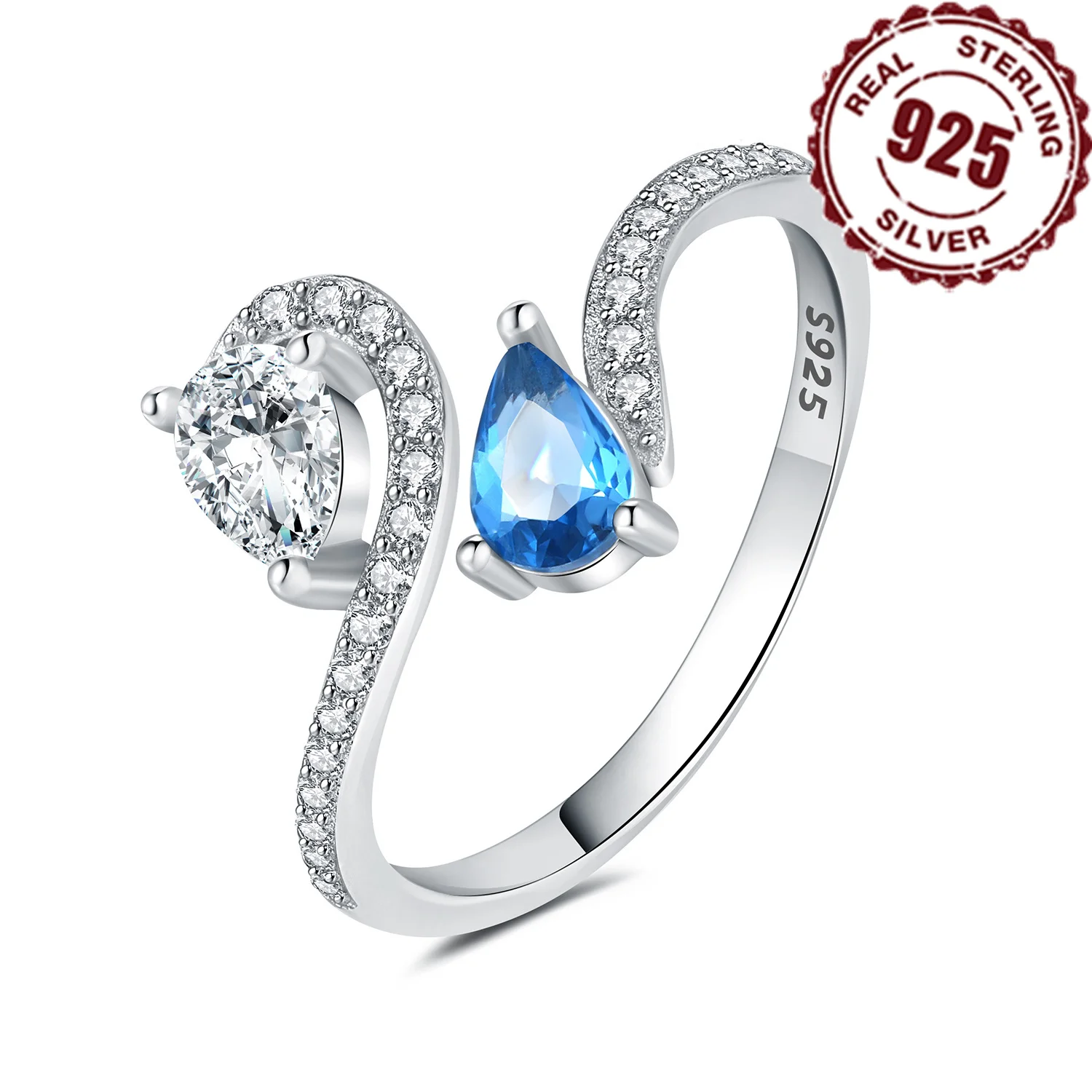 Женский комплект колец из серебра 925 пробы с голубым камнем