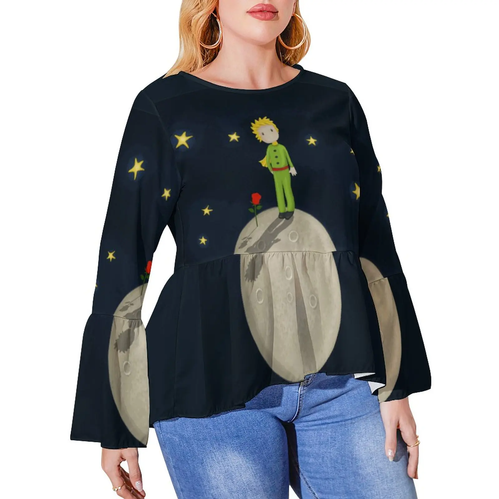 

Little Prince T-Shirt Red Rose And Moon Print Aesthetic Ruffled T Shirts Womens Classic Tshirt Plus Size Printed Top Tees Gift