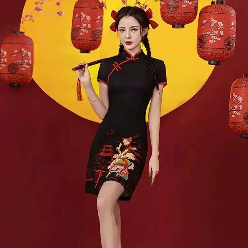 Фото Традиционное китайское улучшенное платье Cheongsam, женское модное короткое Ципао для молодых девушек, Guochao, современное 2024, ветер NM33 №2