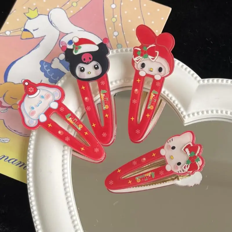 

Kawaii Sanrio HelloKitty Kuromi My Melody Cinnamoroll мультфильм Рождественская серия ажурный Утконос зажим Ins женский сердце головной убор