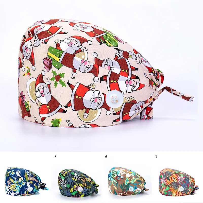 

Xmas Floral Surgical Cap Fashion Baotou Cap Flower Santa Print Pharmacy Pet Shop Women Doctors Surgical Hat Nurse Hat Buckle