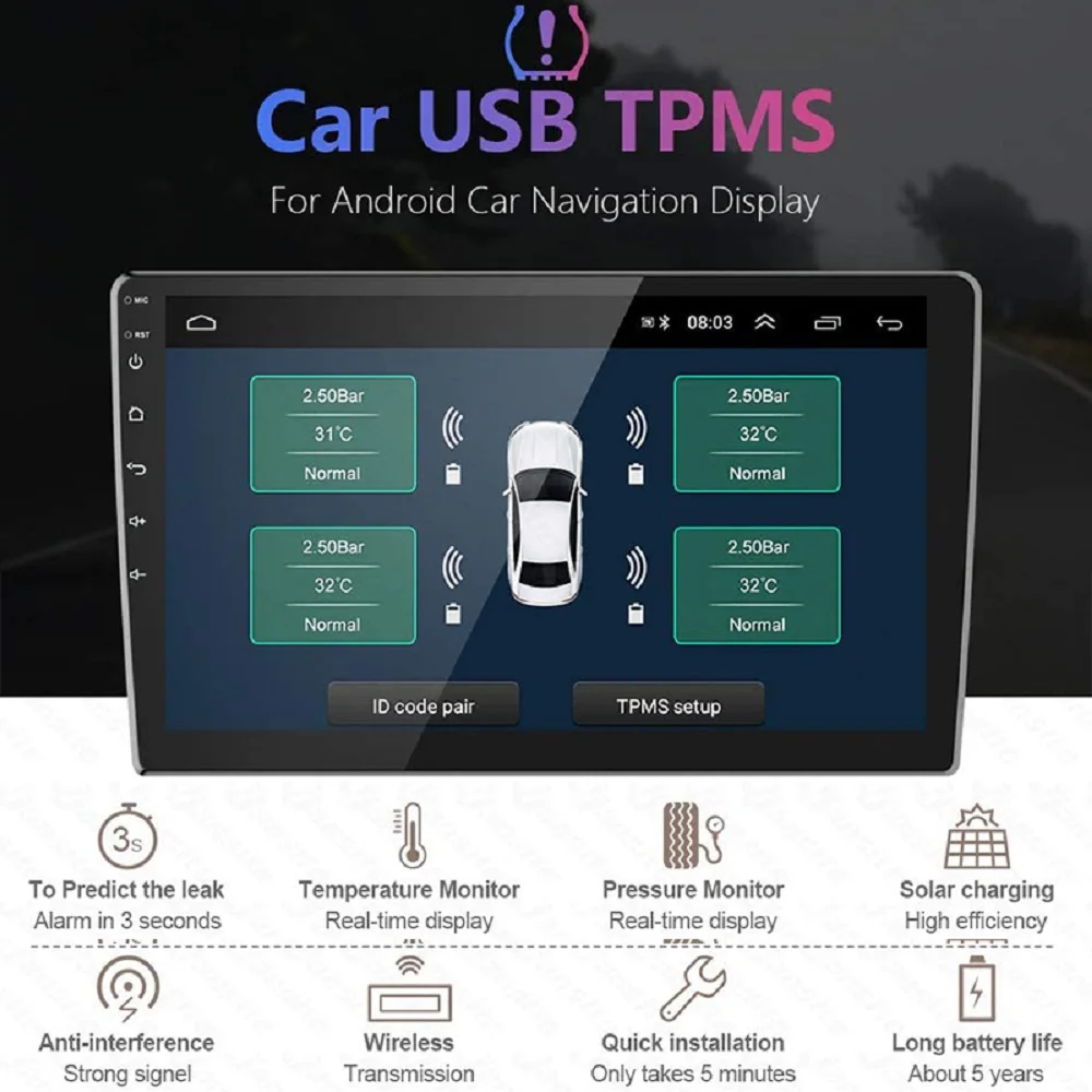 

Android TPMS For Car Radio DVD Player Tire Pressure Monitoring System With 4 Spare Tyre Internal External Sensor USB TMPS