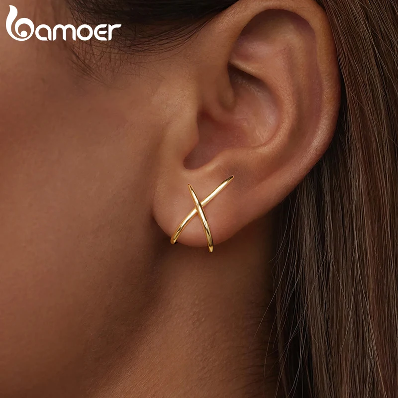 Фото Серьги Bamoer X, 100% стерлинговое серебро 925, золотые серьги-гвоздики, минималистичные изящные гипоаллергенные серьги для женщин, ювелирные изделия на день рождения, подарки №3