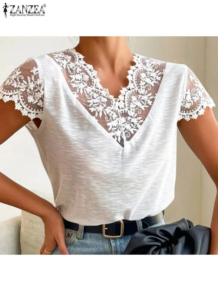 

ZANZEA Femme Stylish Vintage Casual Work OL Party Shirt 2022 Summer Women Elegant Lace Blouse Solid V-Neck Short Sleeve Tops