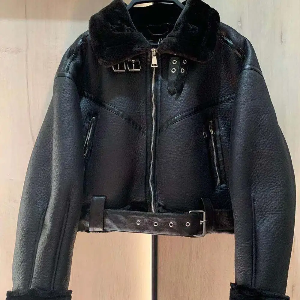 

Женская куртка из ПУ кожи, с длинным рукавом и отложным воротником