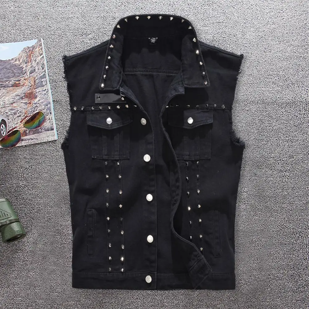 Men Vest Solid Color Sleeveless Rivets Single-breasted Slim Turndown Collar Waistcoat Streetwear