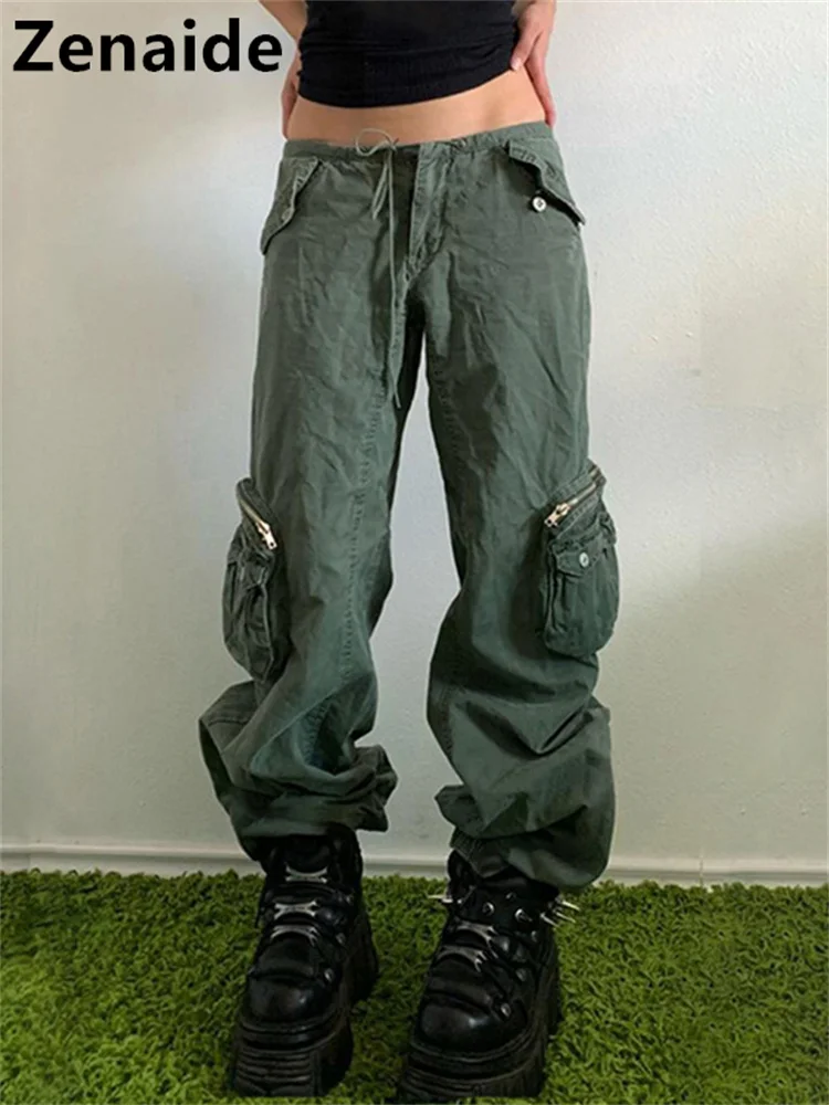 

Zenaide Vintage Pocket Cargo Jeans Green Loose Women Punk Streetwear Casual Low Rise Denim Pants Y2K Fairycore Grunge