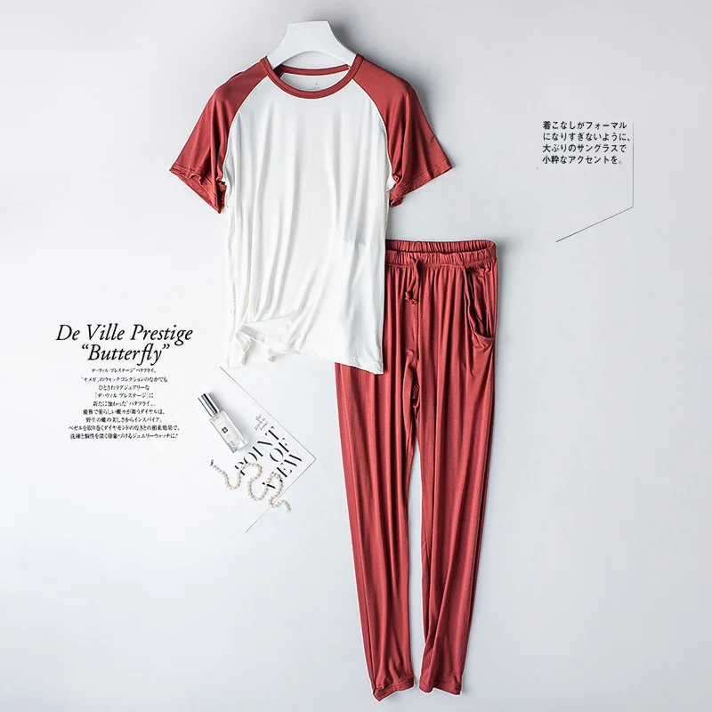 2023 Spring/Summer New Women's Pajama Set Modal Short Sleeves+Pants Two Piece Color Matching Thin Casual Sports Home Furnishing
