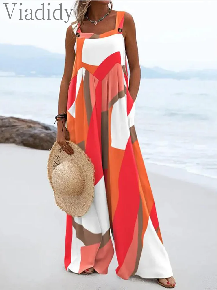 

Женский Летний комбинезон с широкими штанинами и принтом