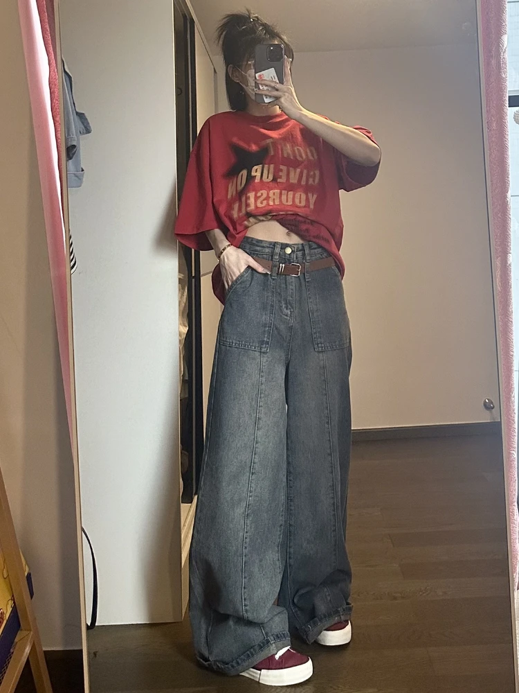 ADAgirl Vintage Blue Wide Leg Jeans Women Y2k Street Casual Pocket Loose Straight High Waist Denim Trousers Harajuku Mujer Pants
