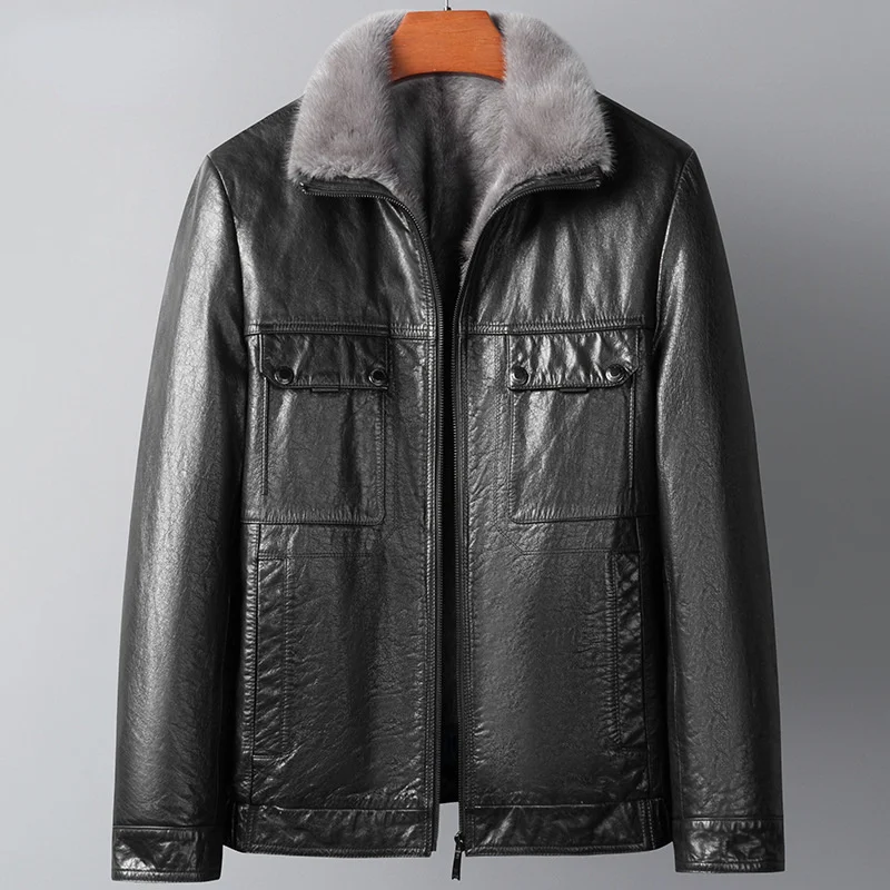 

Winter Genuine Men Clothing Black Mink Collar Cow Leather Coat Short Coats Warm Male Fur Jacket Chaquetas