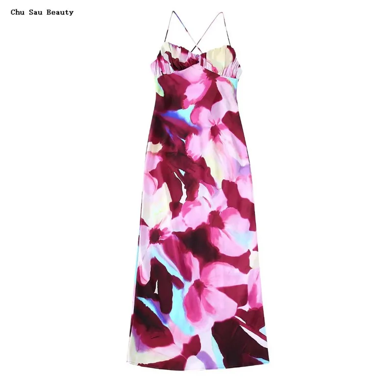 

2022 New Women Printed Lingerie Style Sexy Suspender Midi Dress Summer Fashion Trend Beach Vacation Style Backless Dress
