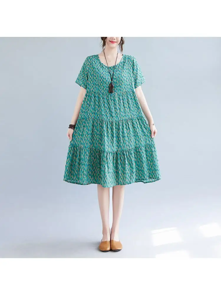 

New 2022 Summer Women Cotton Linen Printing A-line Dresses Casual O-neck Loose Waist Pullover Dress Fashion Vestidos M254