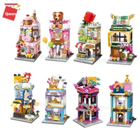 qman mini street view building blocks city flower makeup shop coffee store model 3d architectures educational toys for chilren