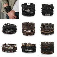 2022 new handmade energy braided bracelet mens winding cross casual strap leather combination hand jewelry set wholesale