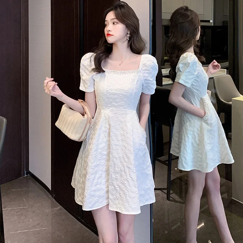 2023 Summer New Elegant Slim Fashion Square Collar French Style Heavy Embroidered Rhinestone Pocket Petite Stylish Dress For Wom