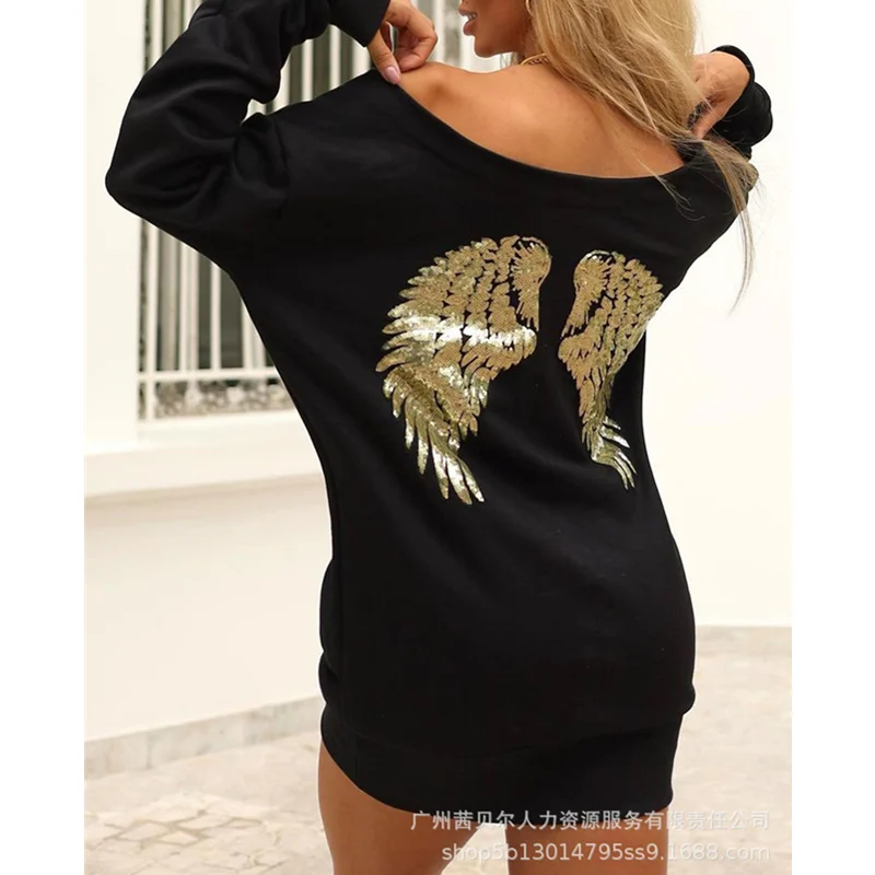 

Wings Pattern Sequins Long Sleeve Top Pullover Sweatshirt Fashion Women Casual Off Shoulder Loose Hoodies Streetwear