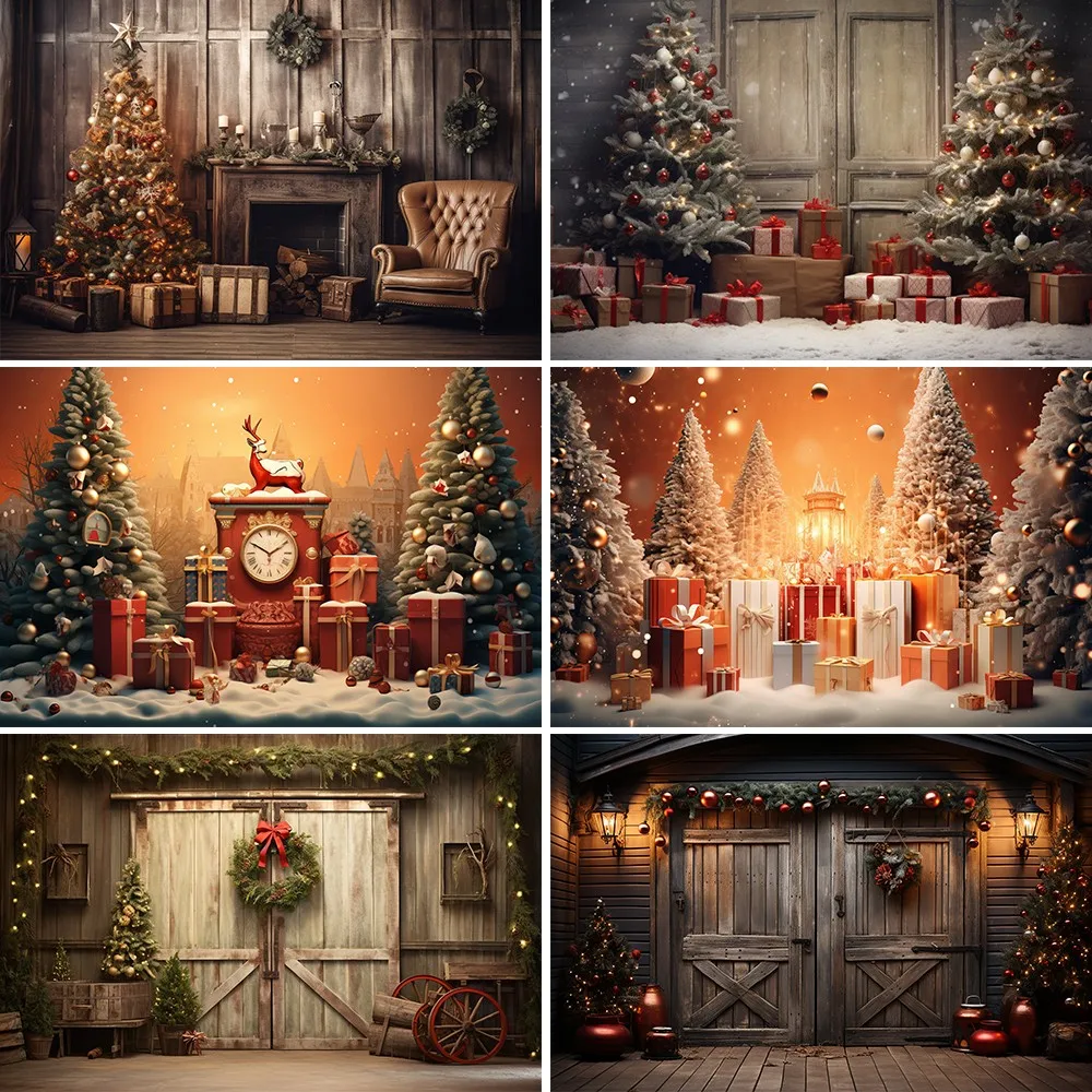 Bonvvie Christmas Photography Background Old Brick Fireplace Tree Gift Beer Baby Photo Backdrop Photocall Studio