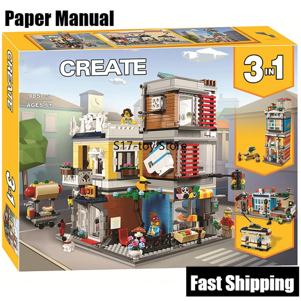 

3in1 City street view Townhouse Pet Shop Cafe Toy Store building Blocks Model Set Bricks Classic For Children Toys birthday Gift