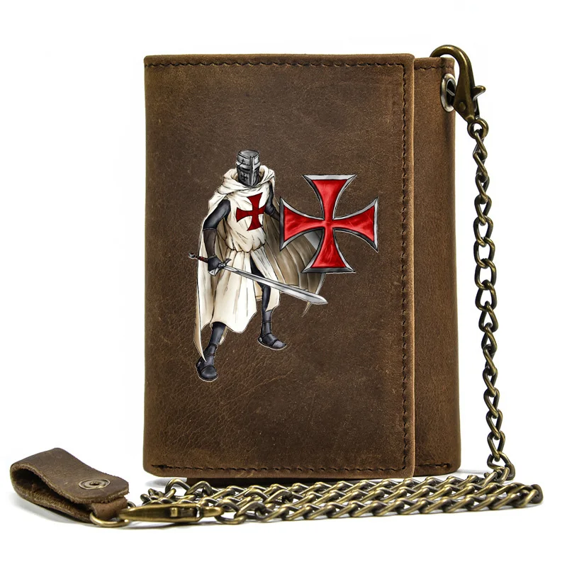 

Genuine Leather Men Wallet Anti Theft Hasp With Iron Chain Vintage Templars Cross Cover Card Holder Rfid Short Purse BT3706