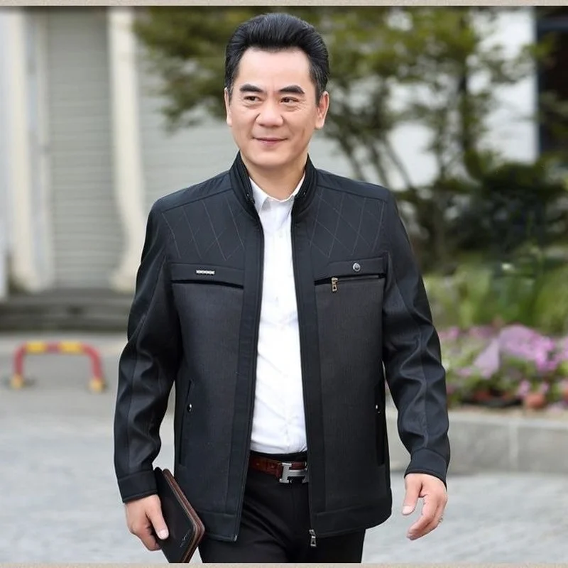 

Куртка мужская Осенняя Повседневная, пальто на молнии с воротником-стойкой, одежда для мужчин среднего возраста и пожилых людей, верхняя од...