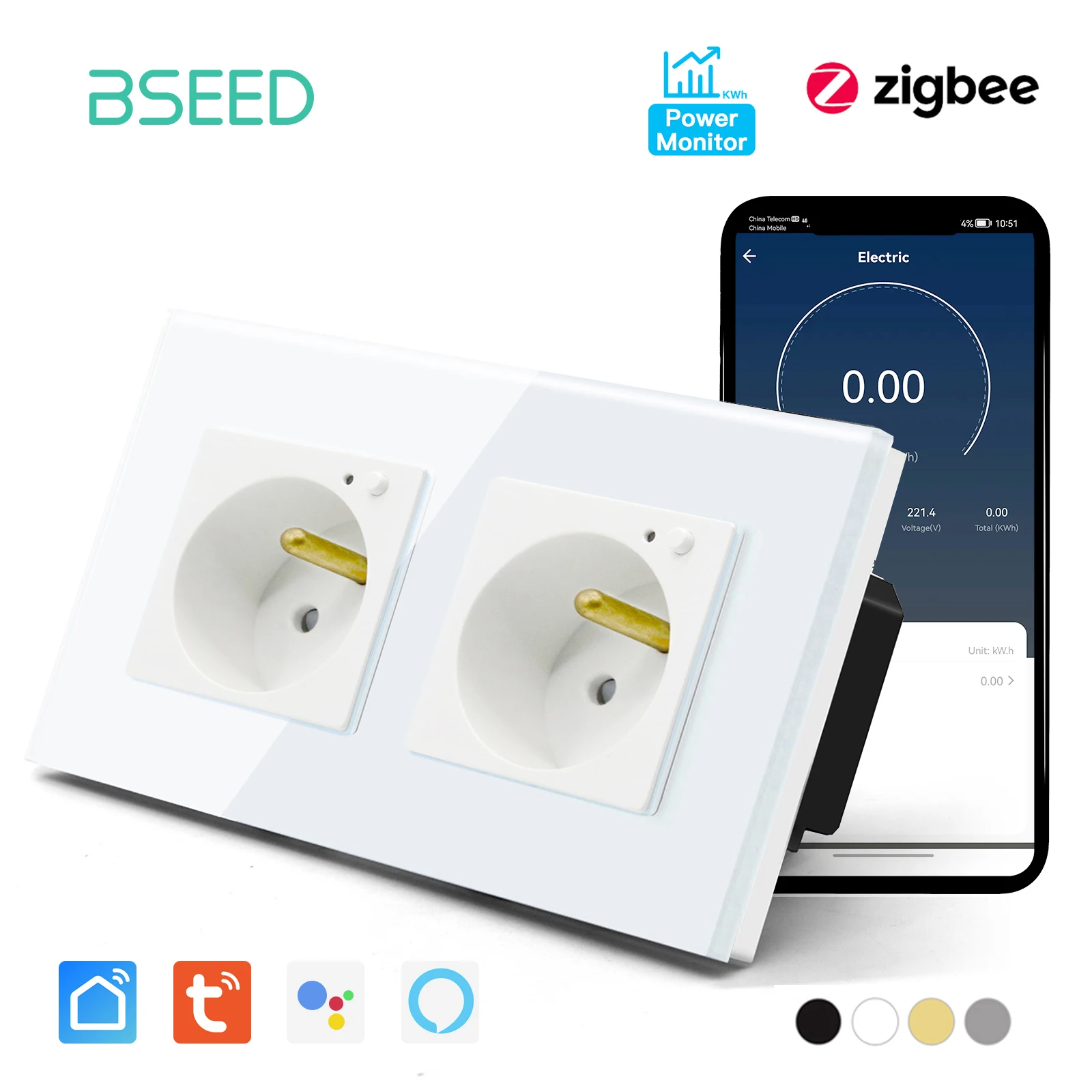 

Двойная французская розетка BSEED Zigbee, умная настенная лампа, монитор мощности, стеклянная рамка, умная жизнь, Алиса, голосовое управление