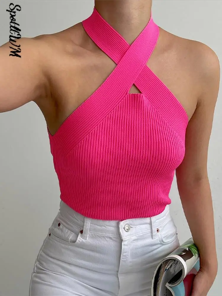 

Women Halter Knitted Tanks Tops Female Fashion Solid Sleeveless Sexy Camis Off Shoulder Crop Tops For Women 2022 Summer