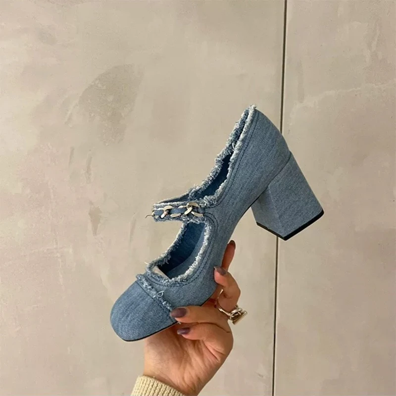 

2022 New Blue Denim Baotou Thick Heel Mary Jane Back Empty Pearl Chain High Heel Sandals Single Shoes Women