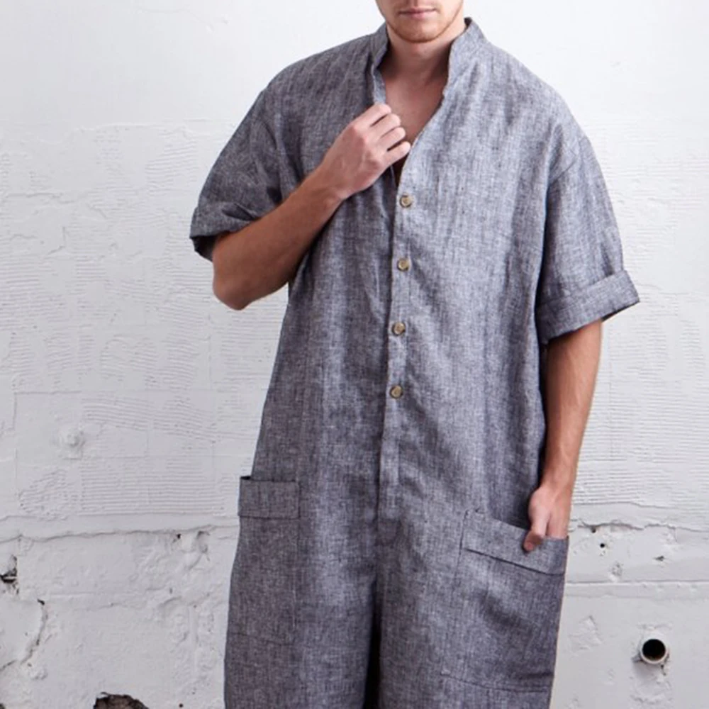 Rompers Men's Short Sleeve T-Shirt Solid Men Stand Collar Single-Breasted Hip-hop Shorts Jumpsuit Casual Loose LGBT Bodysuit