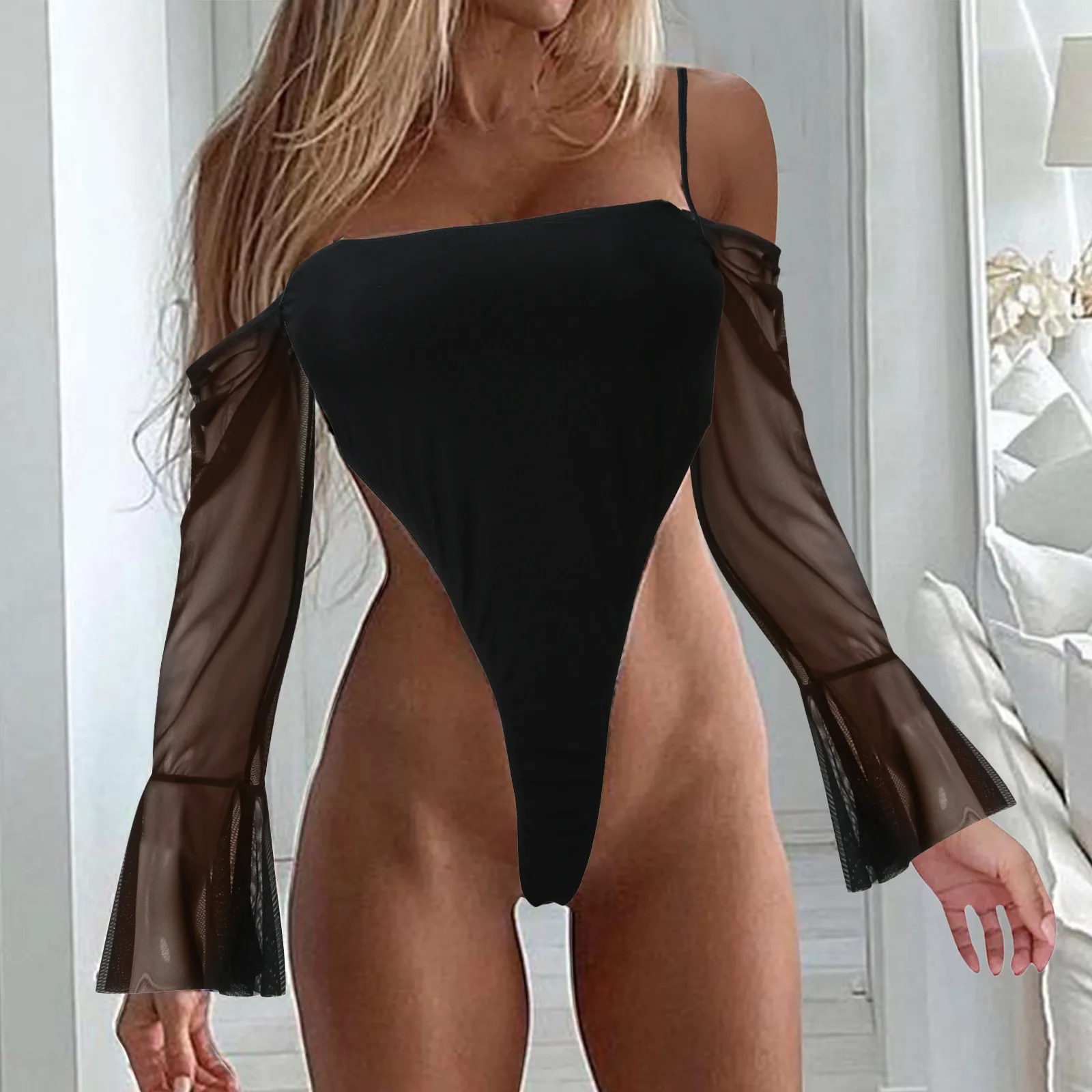 

Slash Neck One Piece Mesh Swimsuit Women Push Up Wrapped Long Sleeve Brazilain Bathing Suit With Adjustable Spaghetti Straps