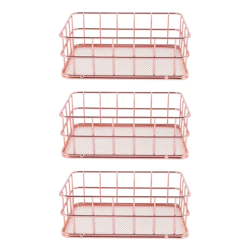

3X Storage Basket Metal Wire Bathroom Shelves Makeup Organiser Rose Gold Brush Pen Holder Wire Mesh Storage Basket